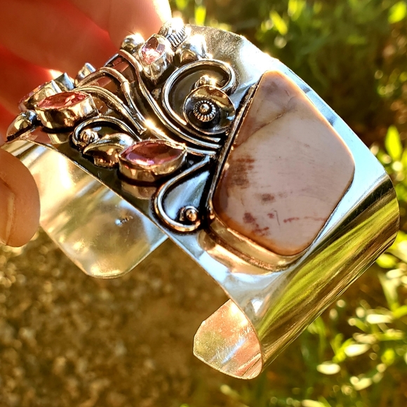 New Mookaite Jasper and Rubellite 925 Silver Cuff Bracelet. - Picture 11 of 16